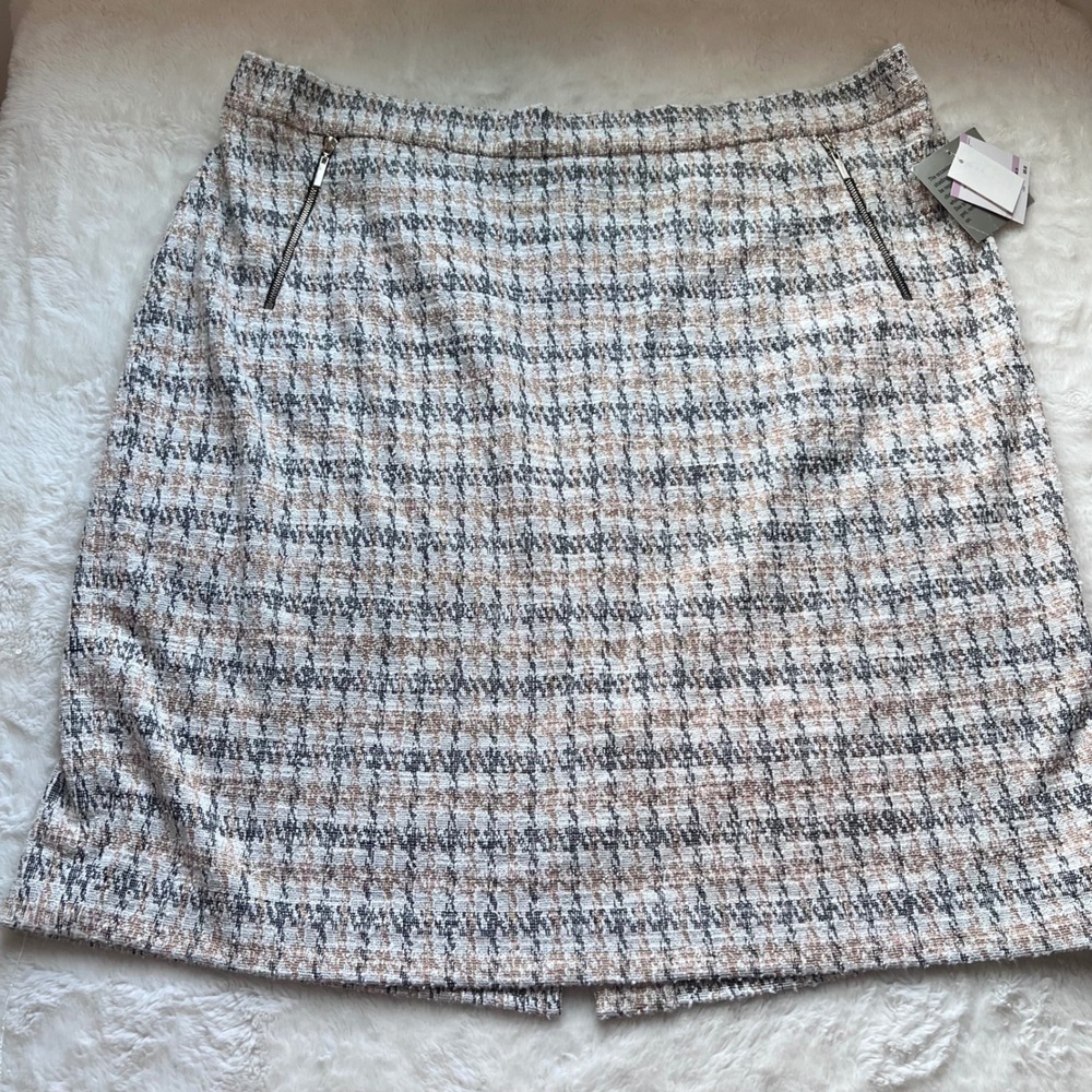 Kasper Women 22W Tweed Plaid Pencil Skirt Golden Pear Combo Zip Pockets NWT